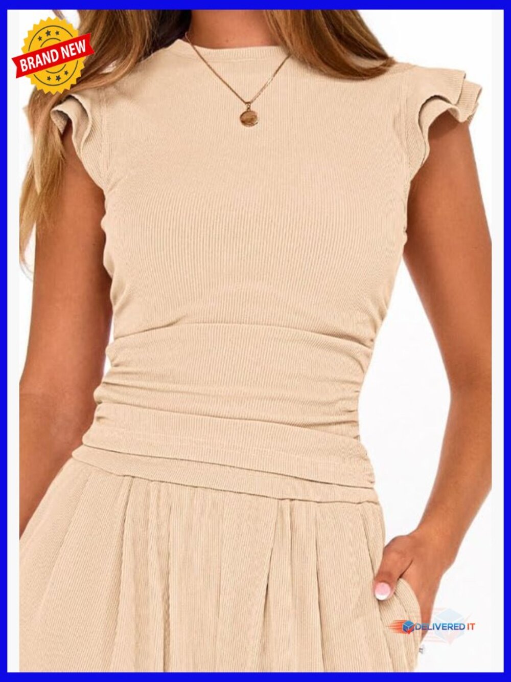 Two Piece Sets Women Dressy Cap Sleeve Ruffle Top Wide Leg Pants Matching Set - Picture 3 of 7